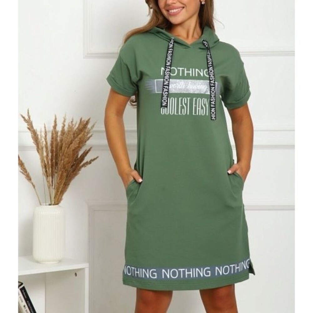 Womens S/M Green Print Cotton Casual Hoodie Dress Short Sleeve House Dress Cozy